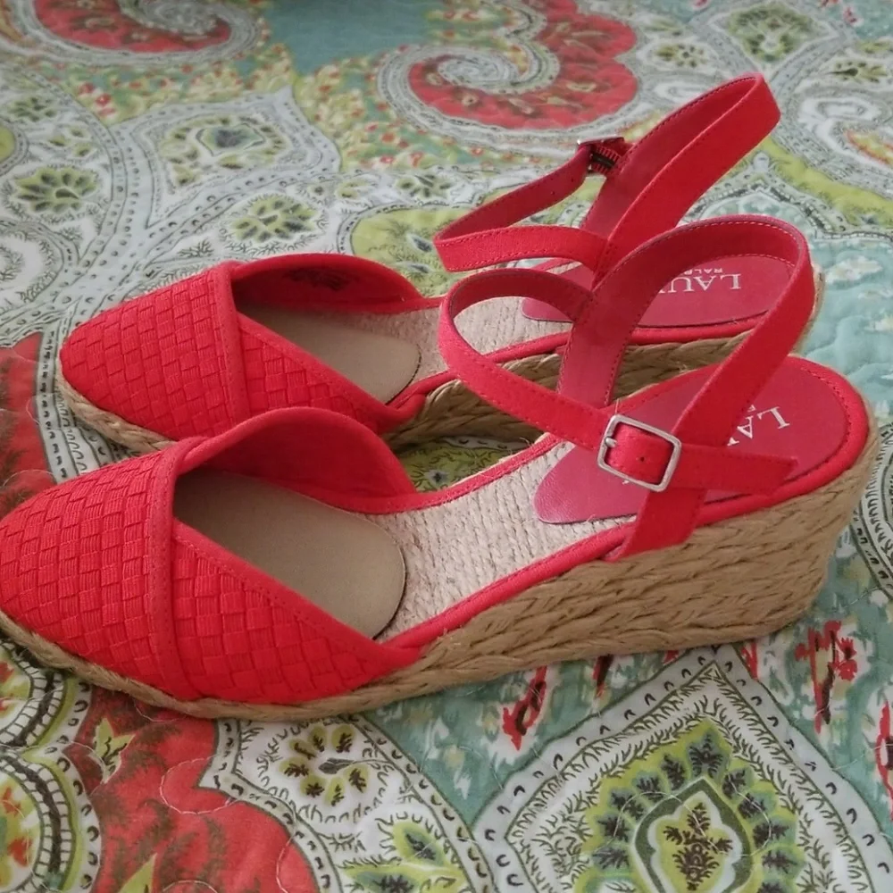 Lauren Ralph Lauren Red Woven Espadrille Wedge Sandals